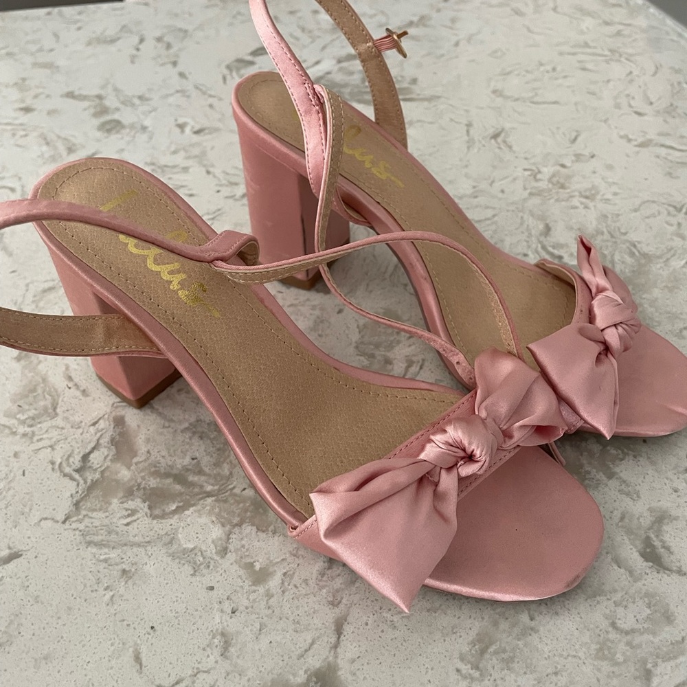 Silky pink bow tie -low heels, sandal Strappy heels 6.5